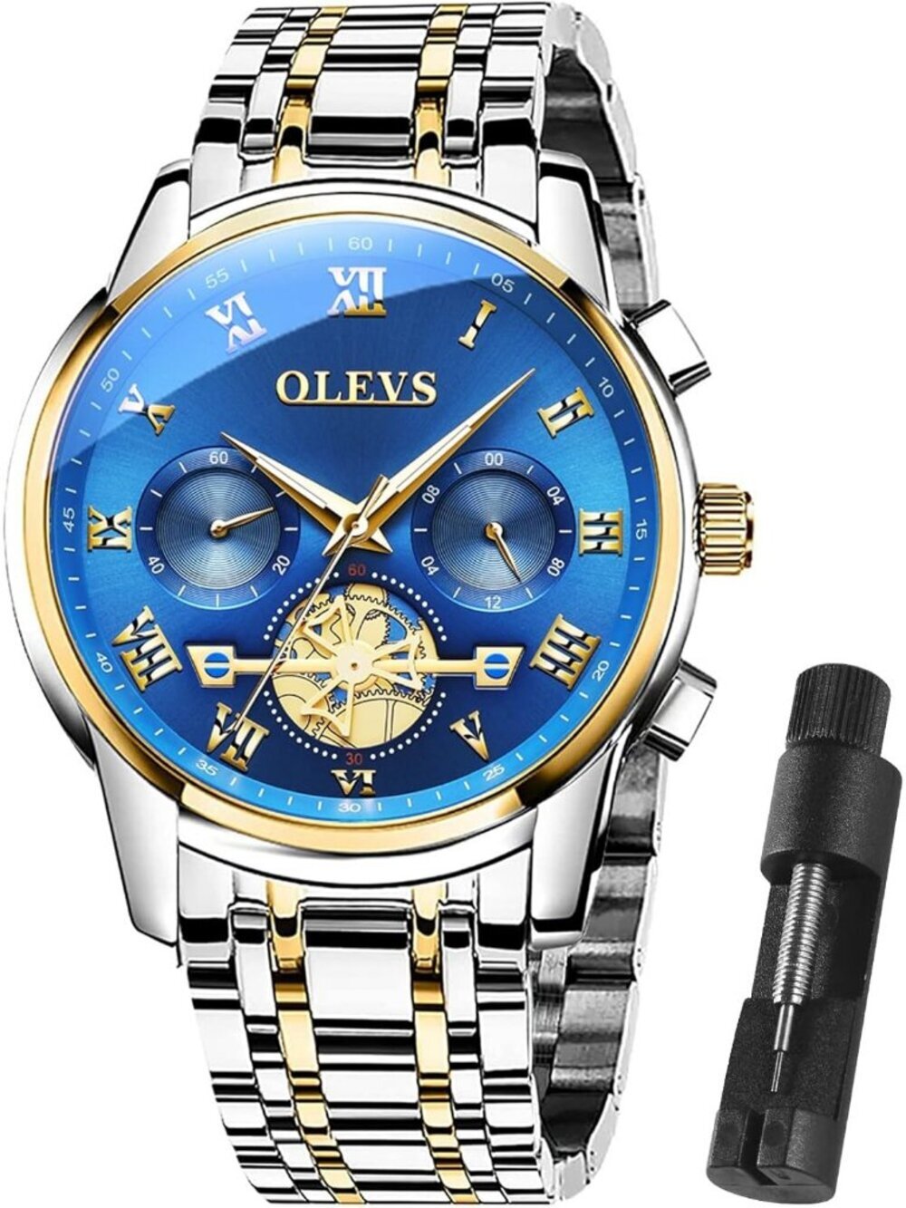 Olevs Men's Silver Blue Face Multifunction Waterproof Luminous Chronograph Watch